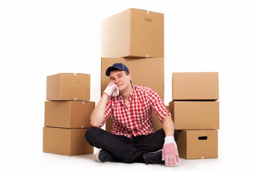 Commercial office relocation in Shoreditch with desks, equipment, and packed boxes